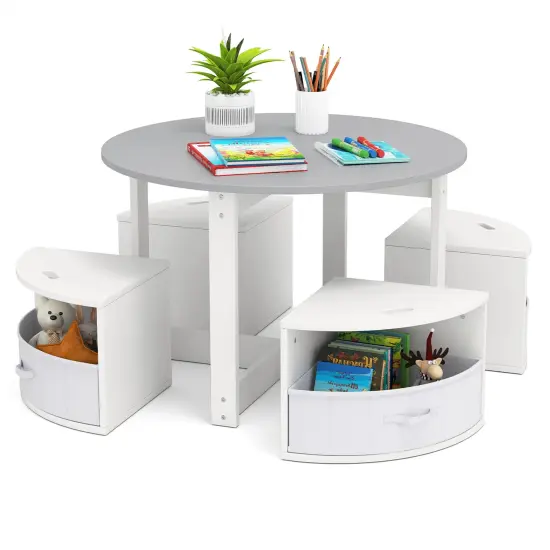 Kids Table Set with 4 Stools, MDF Nesting Design and Storage Bins Grey {7}