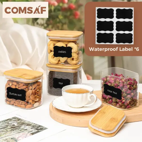 26oz Rectangle Glass Storage Containers with Lids, Glass Jars with Bamboo Lids, Clear Food Jar, Sugar Coffee Containers, Small Pantry Storage Container for Tea Candy Nuts Spices Oat {4}