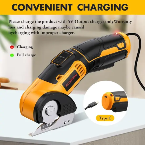 Electric Scissors Rotary Cutter with 2 Blades | 4V 2000mAh Rechargeable | Heavy Duty for Cardboard Fabric Carpet Leather | Lightweight Portable (Yellow) {4}