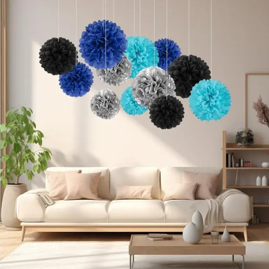 20 PCS Tissue Paper Pom Poms, Tissue Pom Poms Flowers, Sizes of 6", 10", 12", 14" Hanging Paper Flower Ball for Wedding, Birthday, Graduation, Baby Shower Party Decor (Black Silver Blue) {3}