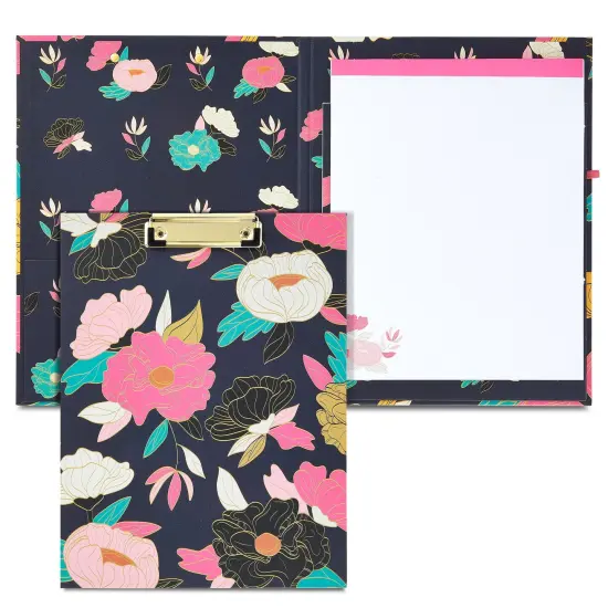 Floral Clipboard Folio with Notepad, Low Profile Clip and Interior Storage Pocket, Cute Clipfolio Business Folder (13 x 9 In) Black {1}