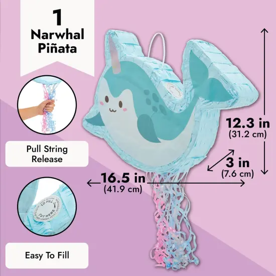 Pull String Narwhal Pinata for Birthday Party Supplies, Under the Sea Party Decorations, Baby Shower (Small, 16.5 x 12.3 x 3 In) Blue {4}