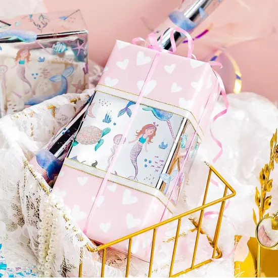 Reversible Mermaid Wrapping Paper Roll - Cute Metallic Foil Shine Mermaid & Pink Heart for Girl Birthday, Baby Shower - Mini Roll - 17 Inch x 33 Feet {4}