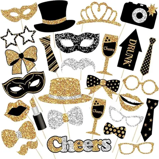 30 Pieces Black Golden Photo Booth Props for Birthday Wedding New Year Party,Mix of Hats, Mask, Lipstick, Tie, Crowns and More Funny Selfie Props {1}
