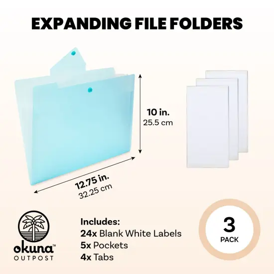 3 Pack Expanding File Folder, Pocket Document Organizer with Snap Closure and Labels (Letter Size, Blue) {2}