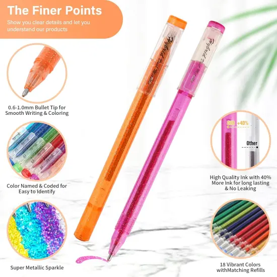 36 Pack Metallic Glitter Gel Pens Set, 18 Colors Sparkle Gel Pens with 18 Glitter Pen Refills in Canvas Bag for Adult Coloring Book Drawing Crafts Scrapbooks Journaling {3}
