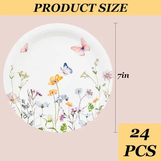 24Pcs Wildflower Paper Plates Watercolor Floral Disposable Party Dessert Plate 7" Rustic Botanical Butterflies Plates FOR SUMMER {2}