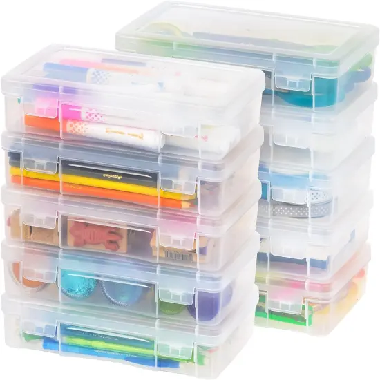 USA Pencil Case Box Storage Container for Organizing with Snap Lid, 10-Pack, Big Capacity Stackable Plastic Pen Pouch for Craft Hobby Art Supplies Journaling Stationery Sticker, Clear, Medium {1}