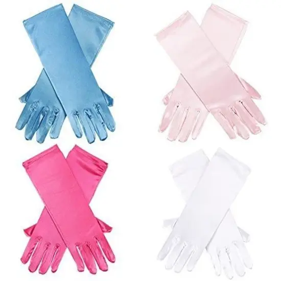 BLUE PANDA 4 Pairs Satin Princess Gloves for Girls Ages 3+, Toddler Costume Gloves in Pink, Hot Pink, White, and Blue Ideal for Weddings, Birthday Parties, Special Events, and Playtime (9.75 In) Multicolor {1}