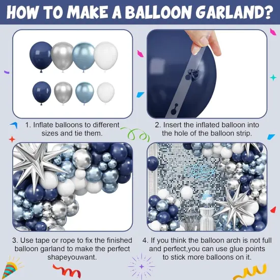 Blue Silver Balloon Arch Kit, Navy Blue Silver White Balloon Garland with Metallic Light Blue Silver Balloons Star Foil Balloons for Boys Men Birthday Wedding Graduation Baby Shower Party Decoration {5}