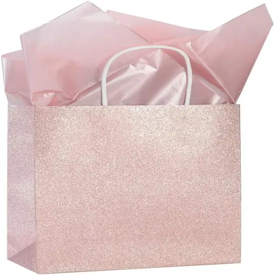 12 Pack 9.5" Rose Gold Pink Glitter Kraft Paper Gift Bags For Wedding | Thank You Bag Favor Bags For Bridal Shower {3}