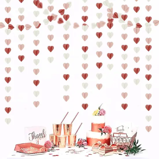 Rose-Gold Pink White 3D-Heart Garland - 39Ft Party Decorations Hanging Paper Streamers Banner,Engagement Wedding Bachelorette Baby Bridal Shower Decor {4}