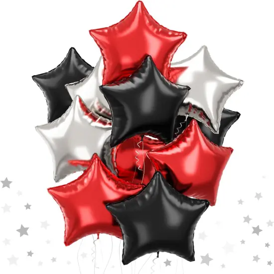 Black Red Star Foil Balloons, 18 Inch Black Silver Pentagram Aluminum Foil Balloons 12 Pcs {1}