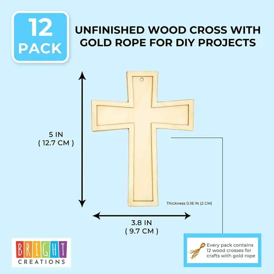 12 Unfinished Small Wooden Crosses with Gold String for DIY Crafts, Wood Cross Ornaments for Easter Tree (3.8 x 5 In) {2}