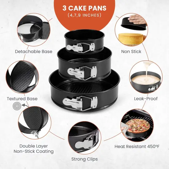 100PCs Cake Pan Sets for Baking - Baking Supplies with 3 Nonstick Springform Pans (4, 7, 9 Inch), Piping Tips, Cake Leveler &ndash; Multifunctional Cheesecake Pan, Baking Pans Set & eBook {3}