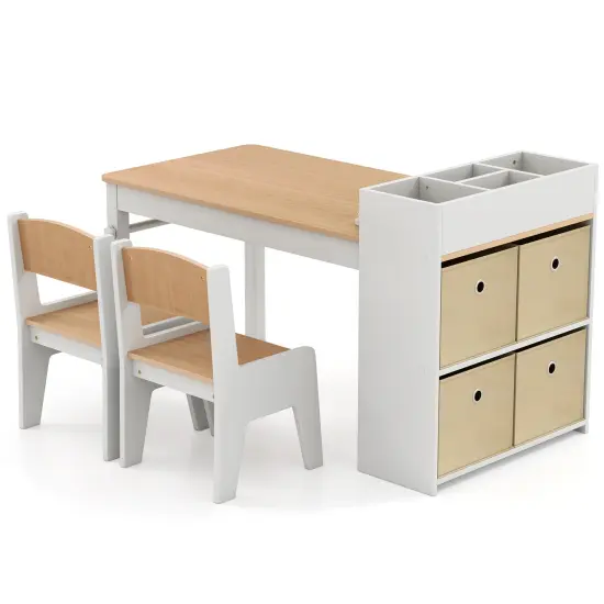 MDF and Metal Kids Art Table Set with Chairs, Storage and Paper Roll Gray {8}