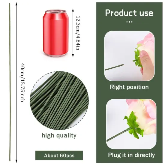 60 Pack Floral Stems Wire for Paper Flower 2 Gauge Flower Stems for Crochet Projects 16 Inch Artificial Green Crafts Wire Wreath Making Supplies for Flores Eterna Flower DIY {3}