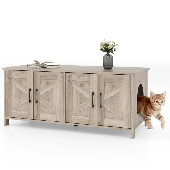 MDF Engineered Board Cat Litter Box Enclosure with Barn Door and Multi-Functional Design Oak {7}