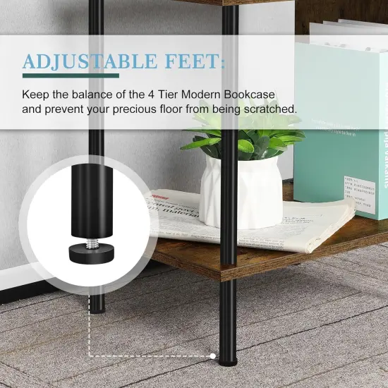 4-Tier S-Shaped Bookcase &ndash; Modern Freestanding Wooden & Metal Shelves for Farmhouse, Living Room, Bedroom, Home Office &ndash; Space-Saving Storage with Anti-Tip Kit {3}