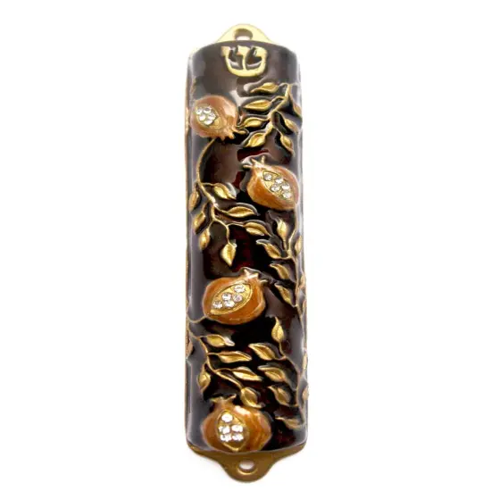 Metal Mezuzah Case with Gold and Amber Paint with Clear Crystals {1}