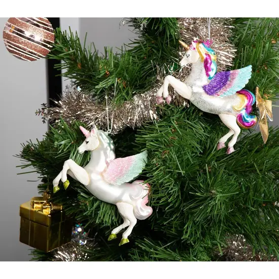 2 Pack Glass Rainbow Unicorn Christmas Tree Ornaments, Holiday Decor Decorations , 5 x 4.5 in White {4}