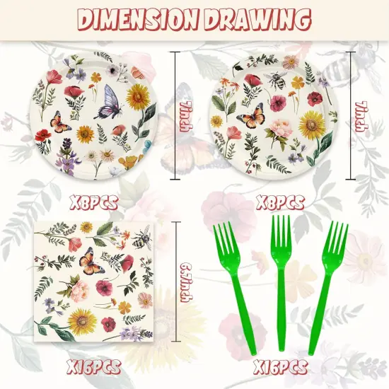 48pcs Wild Floral Party Supplies,include 16 Dessert plate,16 Napkin and 16 Fork,Baby in bloom Party Plate Napkin Fork Birthday Set,Used for Wildflower Party Decoration {2}