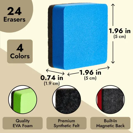 24 Pack Square Magnetic Mini Dry Erase Board Erasers for Teachers, Classroom Whiteboard, School Supplies, Bulk (4 Colors, 1.96 x .74 in) {4}
