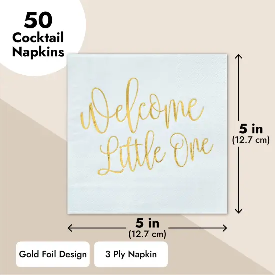 BLUE PANDA 50-Pack Welcome Little One Baby Shower Napkins for Girls - Gold Foil Gender Reveal Decorations - Pink (5x5 In) {3}