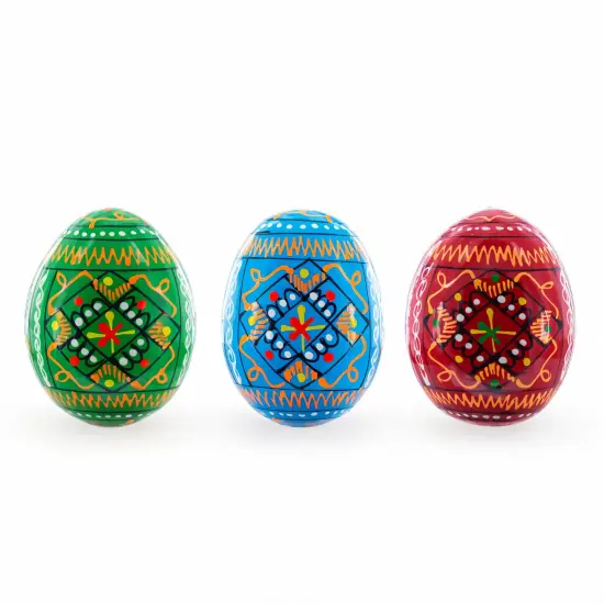 Set of 3 Vibrant Geometric Ukrainian Pysanky Wooden Easter Eggs 2.5 Inches {1}