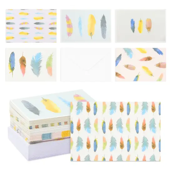Blank Bird Greeting Stationary Cards with Envelopes, Watercolor Feather (4x6 In, 48 Pack) Multicolor {1}