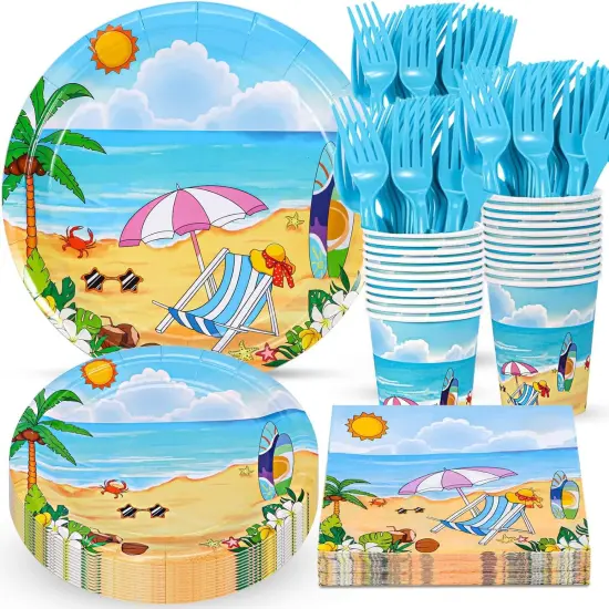 Beach Party Summer Tableware Supplies, Beach Plates and Napkins Set, Disposable Beach Plates, Cups, Napkins and Cutlery {1}
