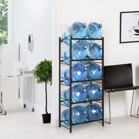 5-Tier Heavy Duty Water Cooler Jug Rack &ndash; 10-Slot Metal Storage Shelf for 5-Gallon Bottles, Detachable Floor Protector for Home/Office/Kitchen, Black {4}