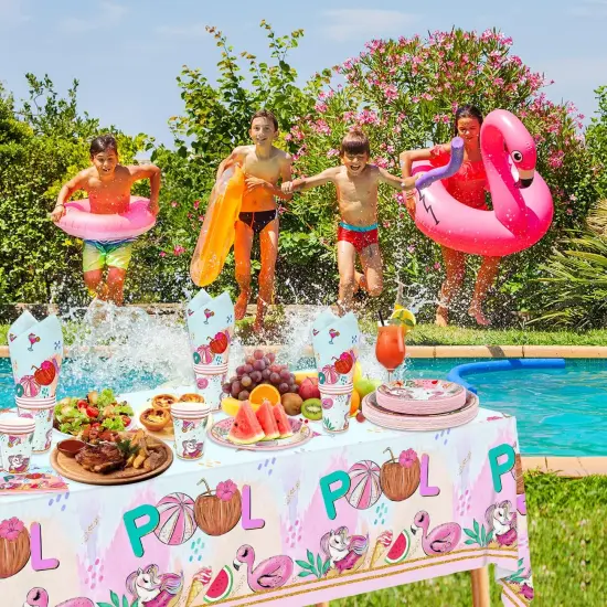 Summer Pool Party Decorations- 121PCS Pink Pool Plates and Napkins Set Beach Party Cups Tablecloths Flamingos Unicorns {5}
