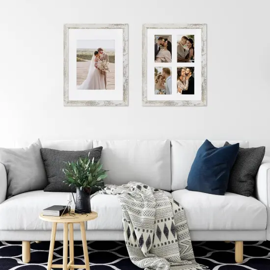 11x14 Picture Frame Set of 2, Distressed White Wood Frame with Real Glass Collage Picture Frames, Display Pictures Five 4x6 With Mat or 11 x 14 Without Mat, Photo Frames Wall Gallery {4}