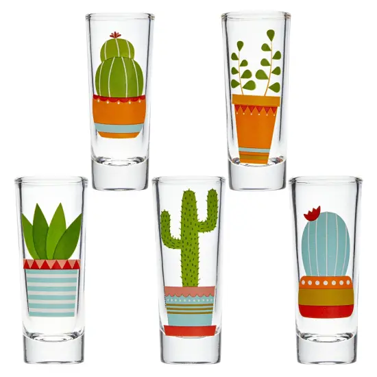 5 Pack Shot Glasses Set with Cactus Designs for Bachelorette, Fiesta Supplies, Western-Themed Party, Round, Decorative Shot Glasses with Heavy Base for Tequila, Whiskey, Vodka (2 oz) Green {1}