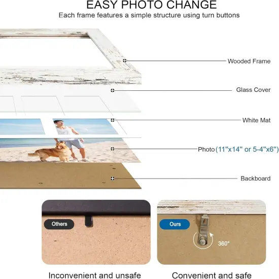 11x14 Picture Frame Set of 2, Distressed White Wood Frame with Real Glass Collage Picture Frames, Display Pictures Five 4x6 With Mat or 11 x 14 Without Mat, Photo Frames Wall Gallery {3}
