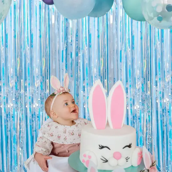 2 Pack 3.2x6.5 Feet Iridescent Foil Fringe Backdrop Curtains, Clear Blue Tinsel Photo Booth Props Streamers Party Decorations for Birthdays Mermaid Sea Frozen {3}