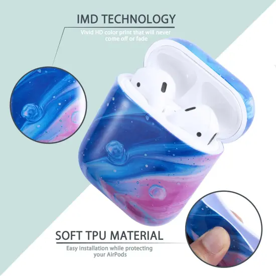 For Apple AirPods 2 / 1 Case, Blue and Pink Marble Protective Cover with Keychain for Women Men {3}