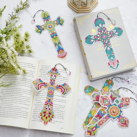6 Pcs Cross 5D Diamond Art Kit for Adult DIY Painting Kit Religious Crystal Cross Diamond Bookmarks for Reading Lover Home Office School Project Read DIY Crafts Gifts, 6 Styles {2}