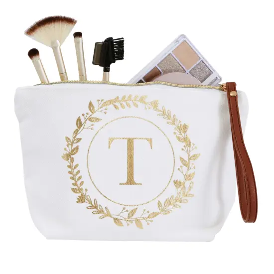 Gold Initial T Personalized Makeup Bag for Women, Monogrammed Canvas Cosmetic Pouch (White, 10 x 3 x 6 In) {7}