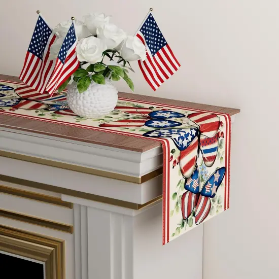 Watercolor America Stars Butterflies Eucalyptus Leaves Patriotic 4th of July Memorial Day Independence Day Table Runner Decoration for Home Kitchen Holiday Party {3}