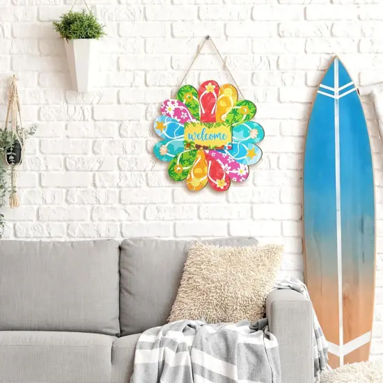 Summer Slippers Hanging Sign Flip Flop Shape Welcome Wooden Door Sign with Rope Rustic Wall Sign for Summer {3}