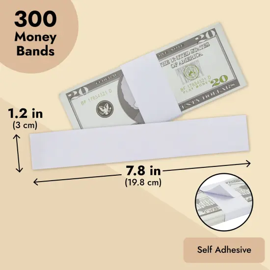 300-Pack Money Bands for Cash, Blank Self-Adhesive Currency Straps, Bill Wrappers (White, 7.8x1.2 In) {5}