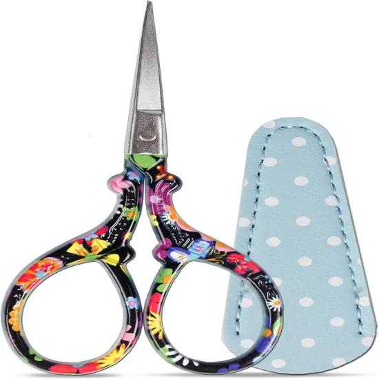 Sewing scissors sharp scissors Embroidery Scissors Crafting Threading Scissors with Leather Scissors Cover for Needlework Craft Art Work Manual Sewing Handicraft DIY Tool Black Flower {1}