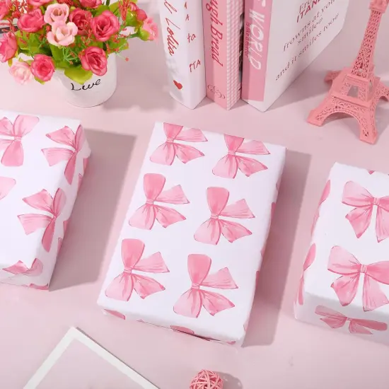Pink Bow Wrapping Paper -Mini Roll- 17In x 32.8 Ft Watercolor Bow Knot Gift Wrap Paper Sweet Craft Paper for Valentine's Day Birthday Wedding Party Packing Supplies {4}