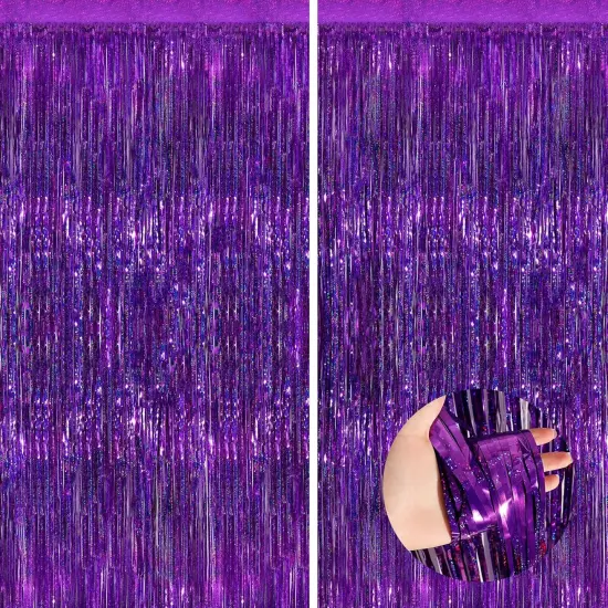 Purple Metallic Tinsel Foil Fringe Curtains, 2 Pack 3.3x8.3 Feet Party Streamer for Birthday Party Decorations, Halloween Decor, Foil Curtain Backdrop for Bachelorette Party {1}