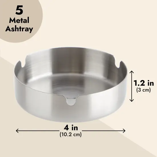 5 Pack Stainless Steel Ashtrays for Cigarettes, Outdoor, Indoor Round Patio Ashtray, 3 Slots Each (4 x 4 x 1.2 In) Silver {3}