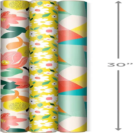 Reversible Spring Wrapping Paper (3 Rolls: 75 Sq. Ft. Ttl) Floral, Lemons, Bright Abstract for Easter, Birthdays, Mother's Day, Bridal Showers, Baby Showers {3}