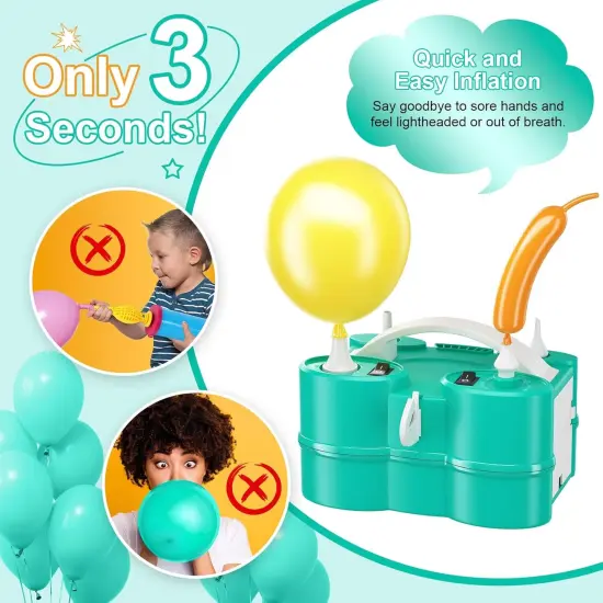 Electric Balloon Pump, 3-in-1 Air Pump for Inflatables and Balloons, Portable Balloon Pump for Latex 260Q Long Foil Balloons, 110V Dual Nozzle Inflator Deflator for Pool Floats Air Beds (Teal) {1}