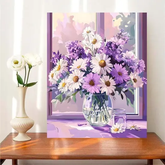 Daisy Purple White Flowers in Vase Art Acrylic Paint Adult Paint by Number Kits on Canvas 16x20 inch DIY Craft Kits for Adults Women Beginner Gifts Home Decoration {3}